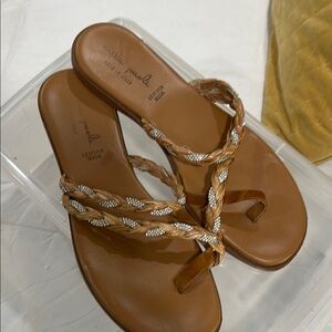 Mila Paoli Tan and Silver Braided Sandals